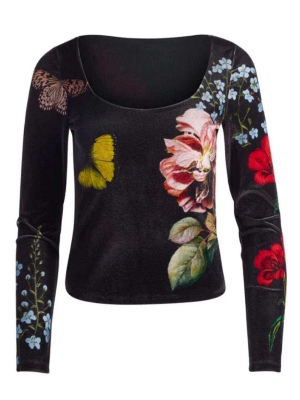 Alice + Olivia Delaina Velvet Floral Butterfly Top Black Long Sleeve M
